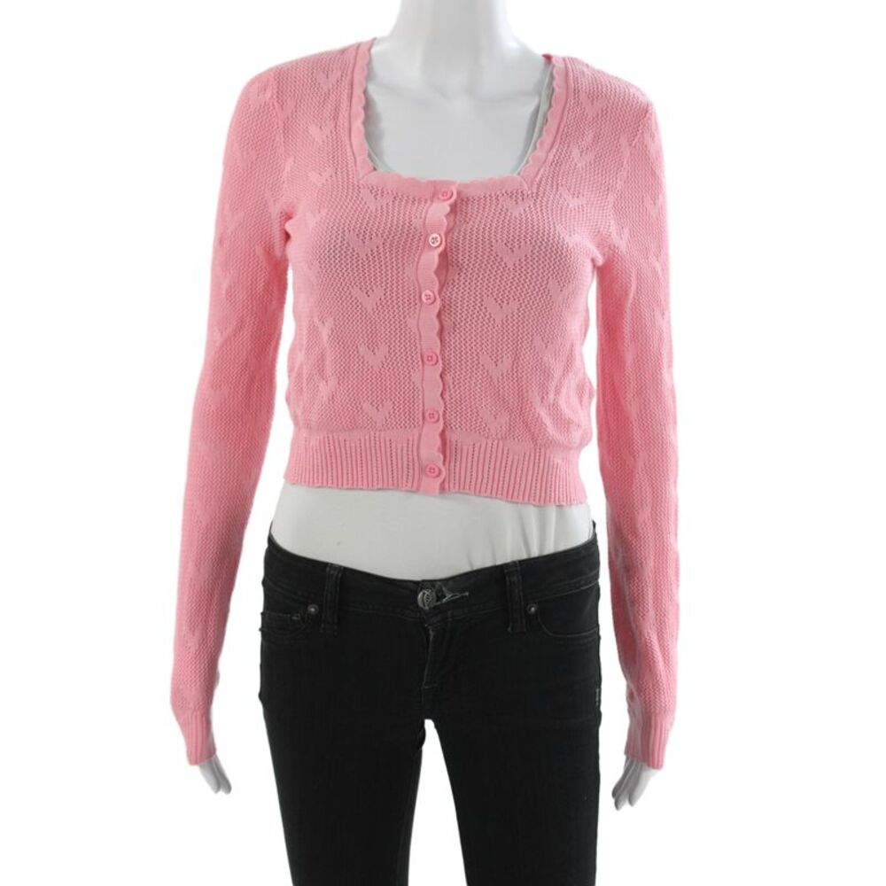 Love Shack Fancy Womens Cardigan Pink Heart Long Sleeve Square Neck Size XS